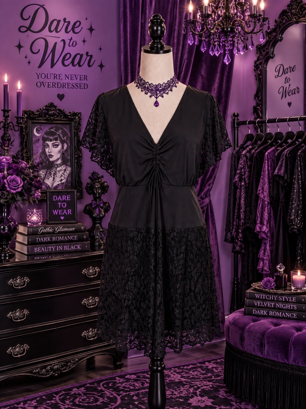 Vintage Whimsygoth Black Lace Panel V-Neck babydoll top